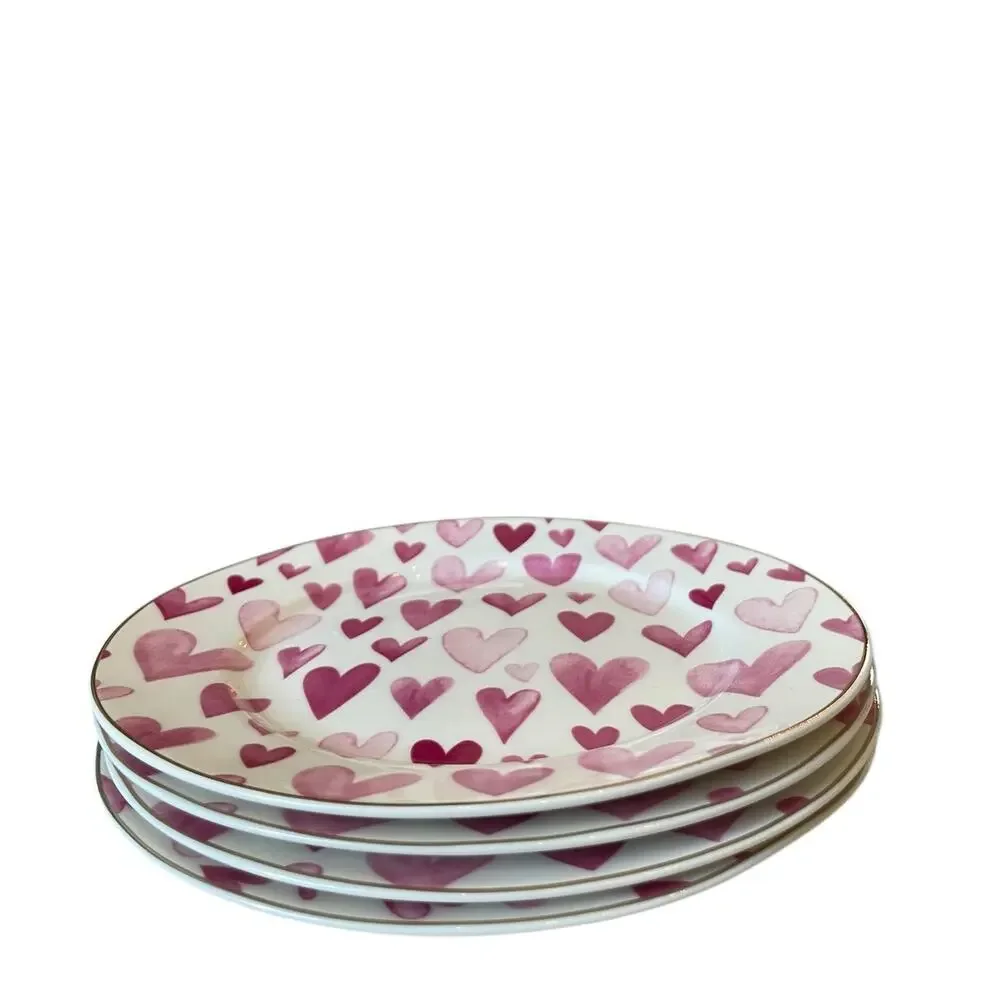 4 Grace Teaware Porcelain Pink & White Valentine's Day Heart 8in Salad Plates